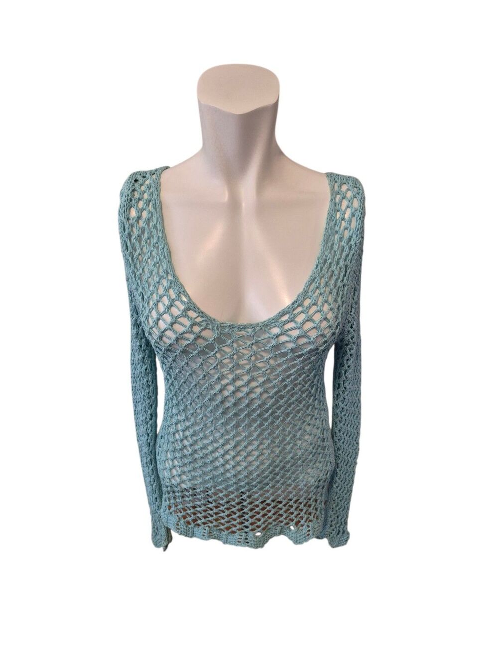 Open Knit Fishnet Pullover Sweater Swim Cover Spain Aqua Blue Sz XS/S